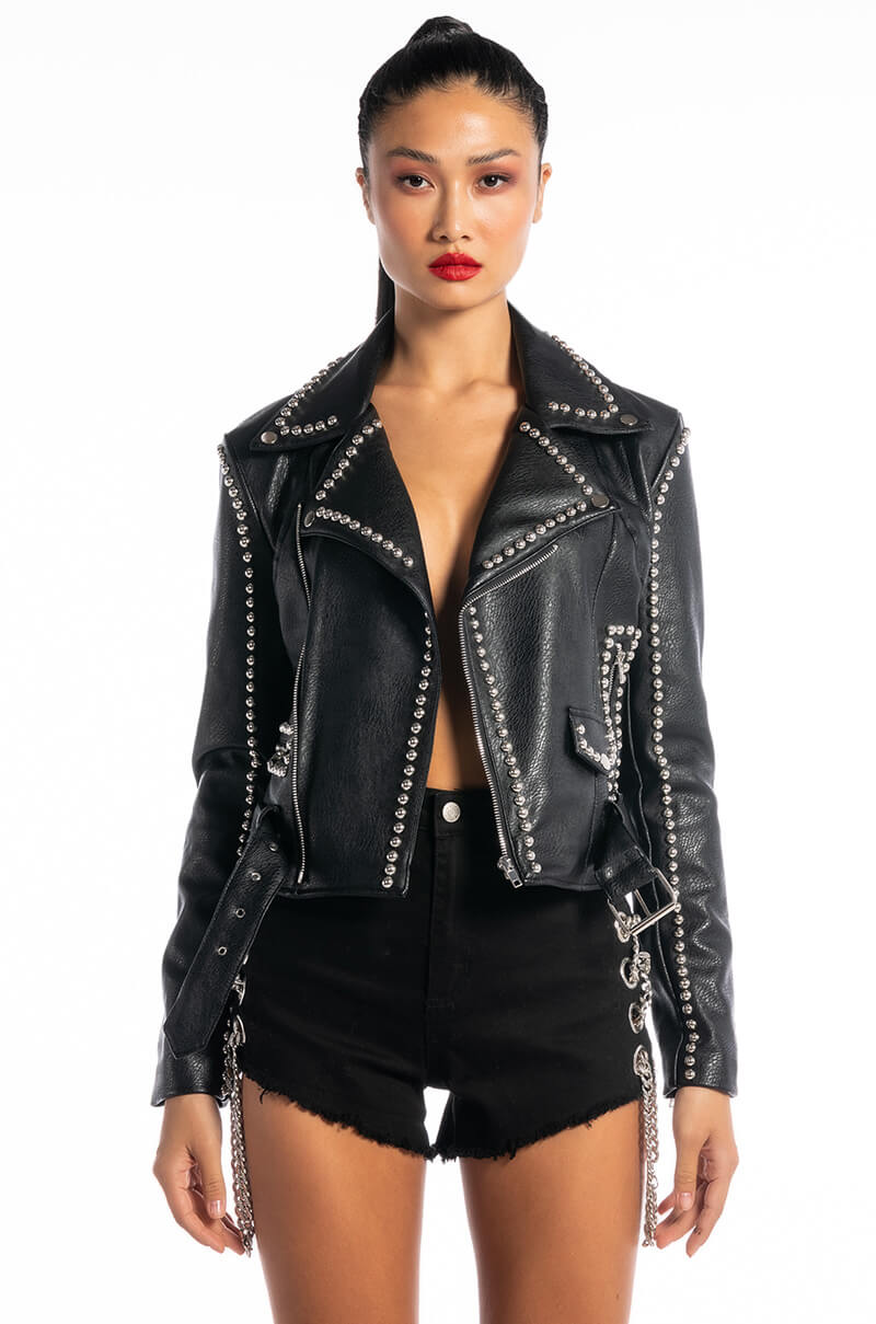 AZALEA WANG STUD LINED MOTO JACKET