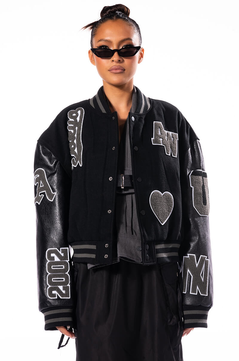 RUELA BLACK OUT OVERSIZED VARSITY BOMBER