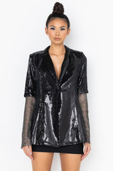 BALL DROP SEQUIN BLAZER WITH RHINESTONE MESH ARMS