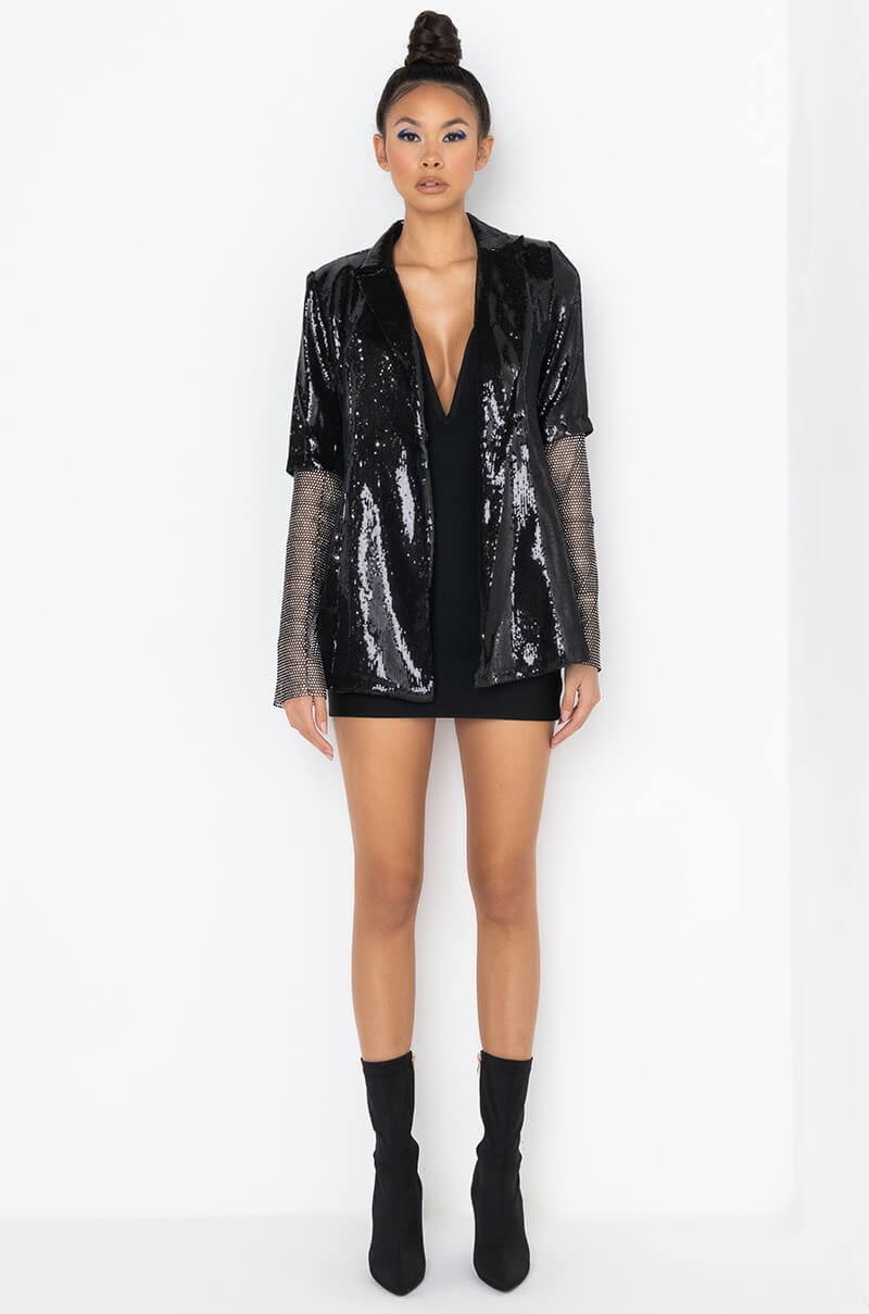 BALL DROP SEQUIN BLAZER WITH RHINESTONE MESH ARMS