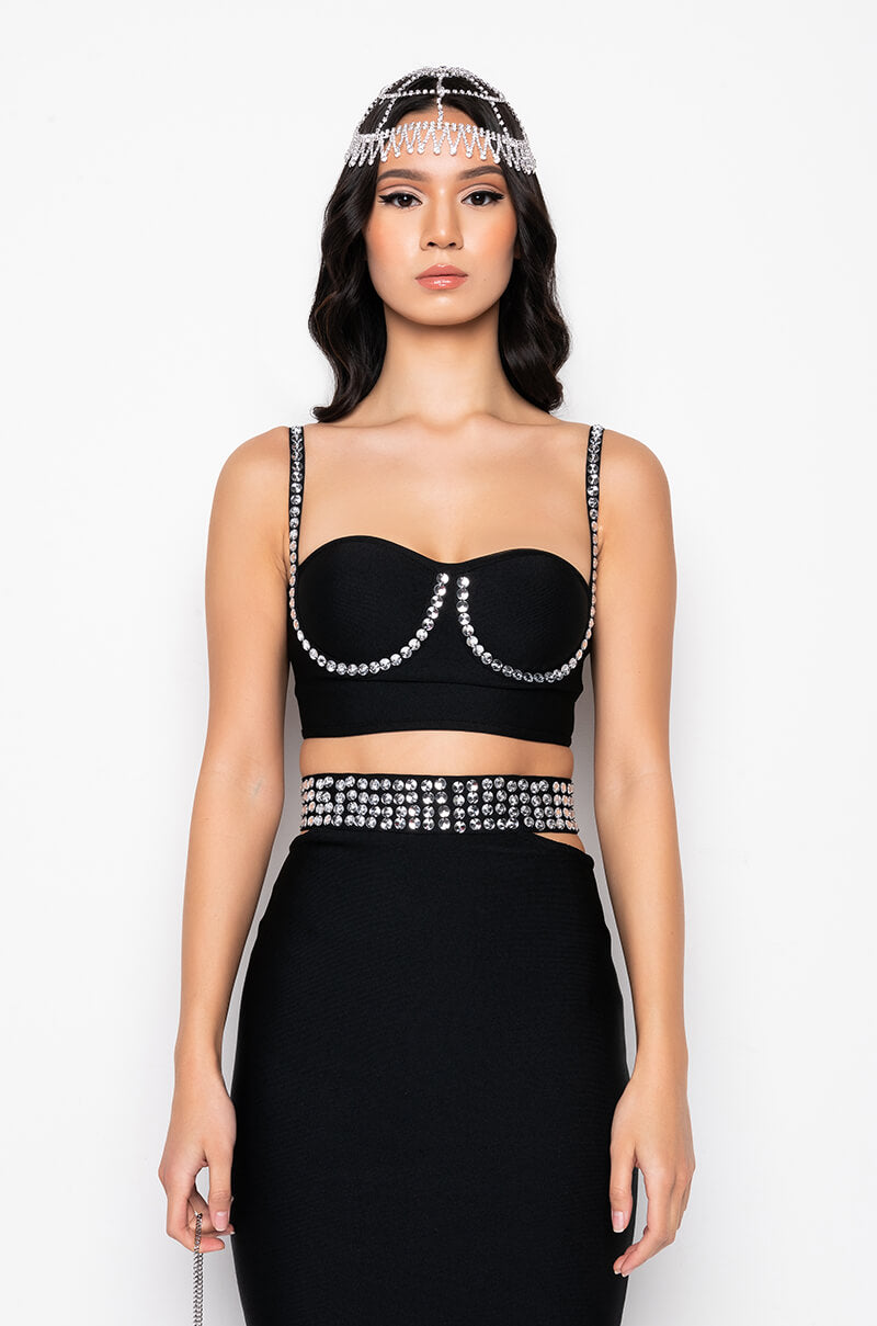 COME GET IT RHINESTONE BANDAGE CROP TOP