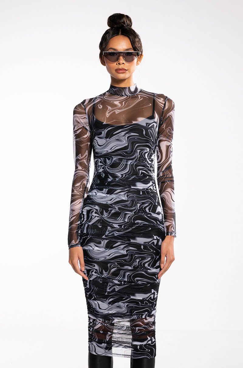 CONFIDENCE IS KEY LONG SLEEVE RUCHED MESH MIDI DRESS