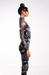 CONFIDENCE IS KEY LONG SLEEVE RUCHED MESH MIDI DRESS