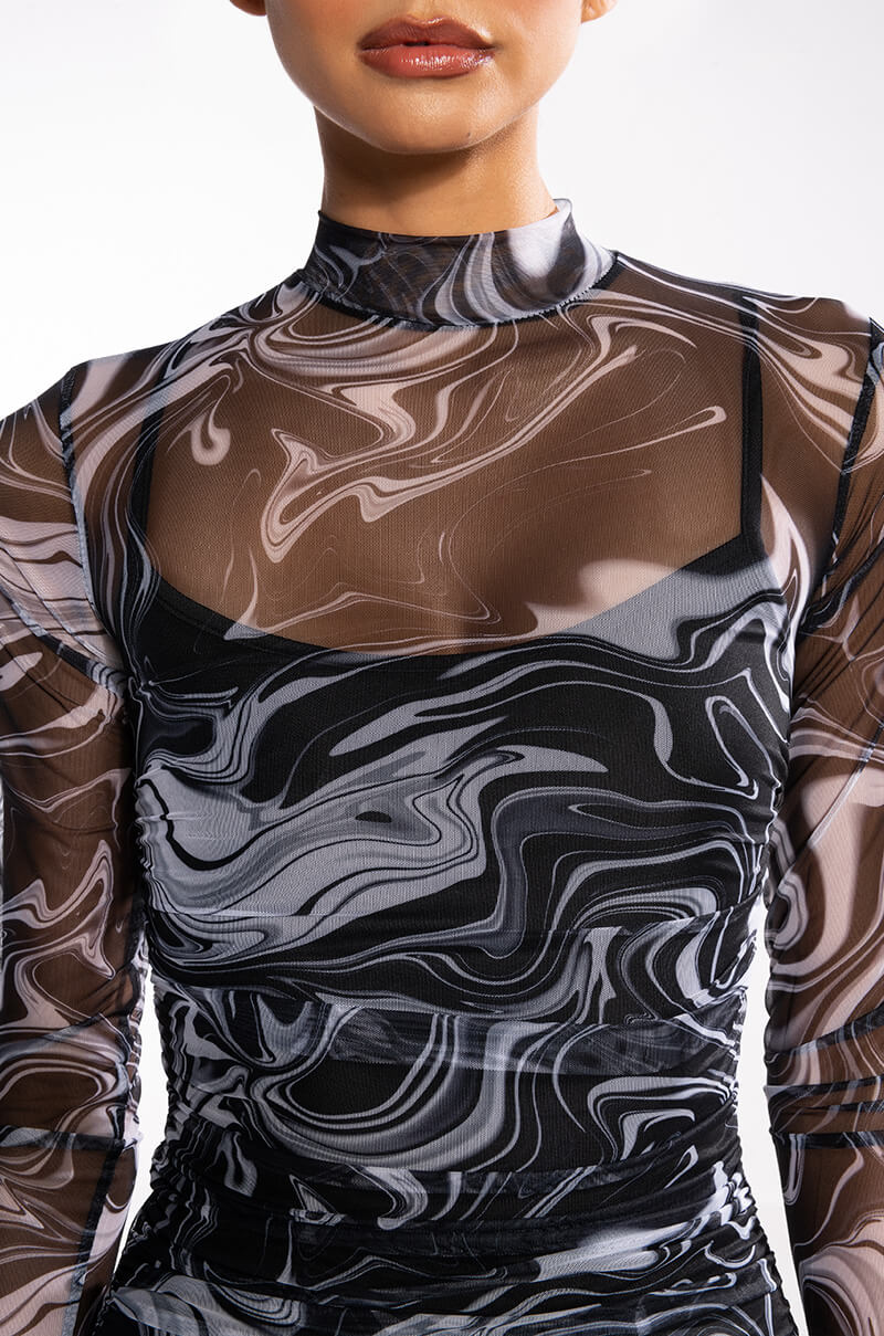 CONFIDENCE IS KEY LONG SLEEVE RUCHED MESH MIDI DRESS