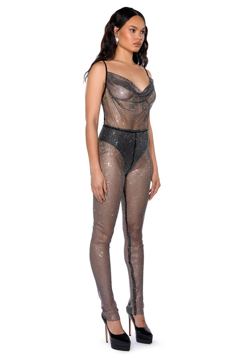 COWL NECK RHINESTONE MESH JUMPSUIT