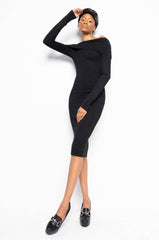 COZY AF PLUSH OFF THE SHOULDER MIDI SWEATER DRESS BLACK