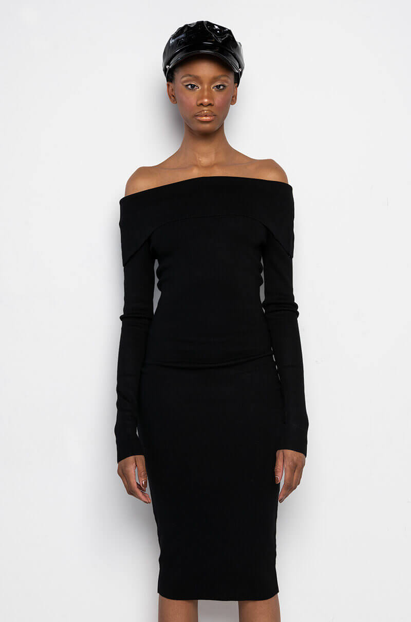 COZY AF PLUSH OFF THE SHOULDER MIDI SWEATER DRESS BLACK