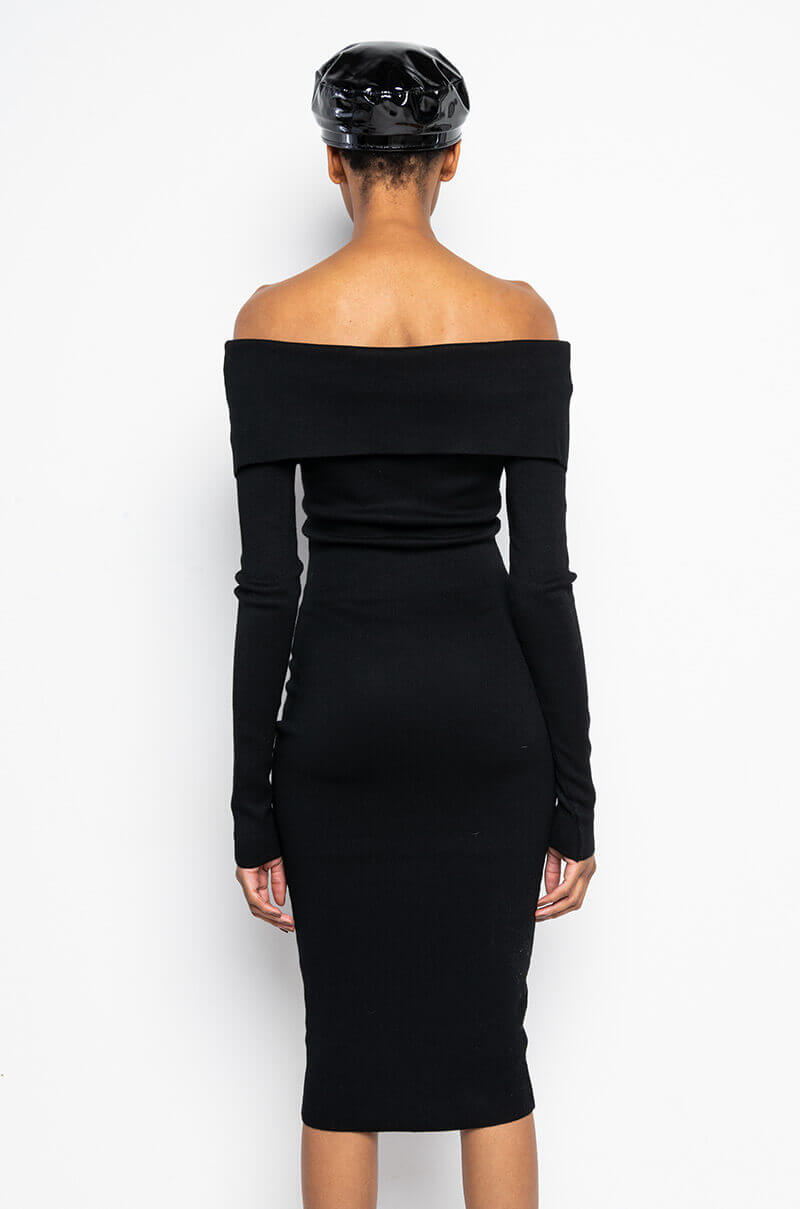COZY AF PLUSH OFF THE SHOULDER MIDI SWEATER DRESS BLACK