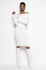 COZY AF PLUSH OFF THE SHOULDER MIDI SWEATER DRESS IVORY