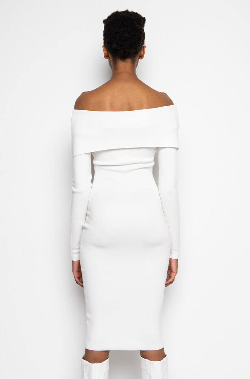 COZY AF PLUSH OFF THE SHOULDER MIDI SWEATER DRESS IVORY