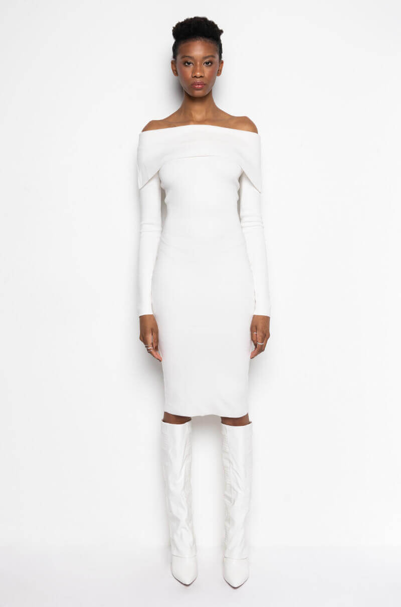 COZY AF PLUSH OFF THE SHOULDER MIDI SWEATER DRESS IVORY