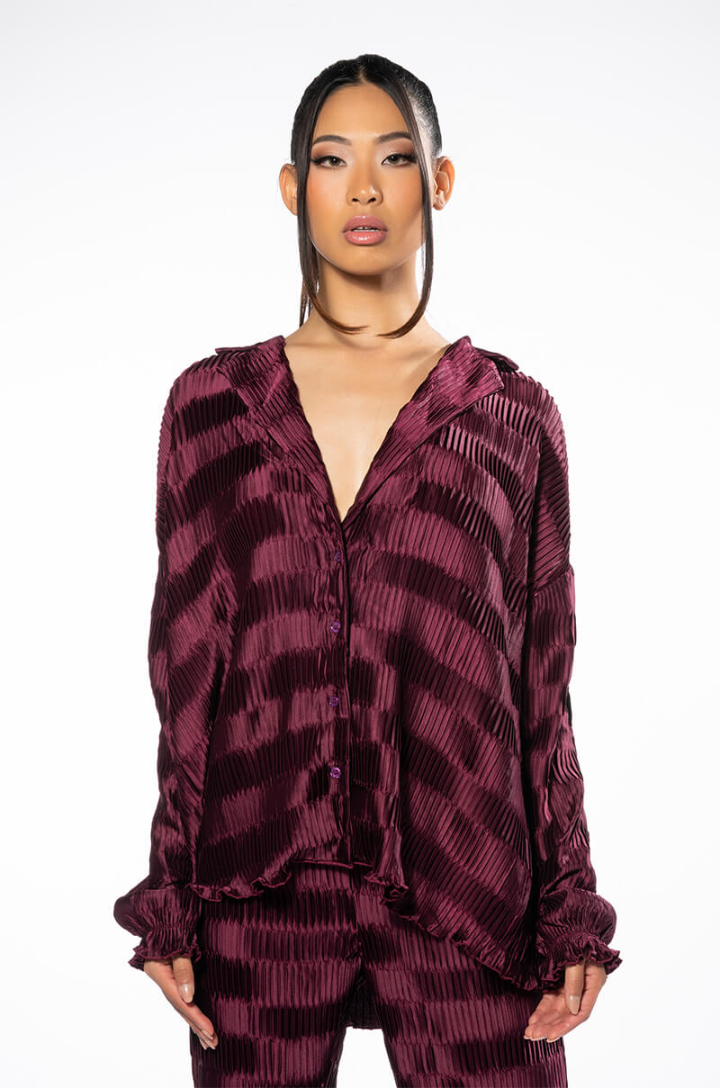 CRINKLE SATIN LONG SLEEVE BUTTON DOWN BLOUSE