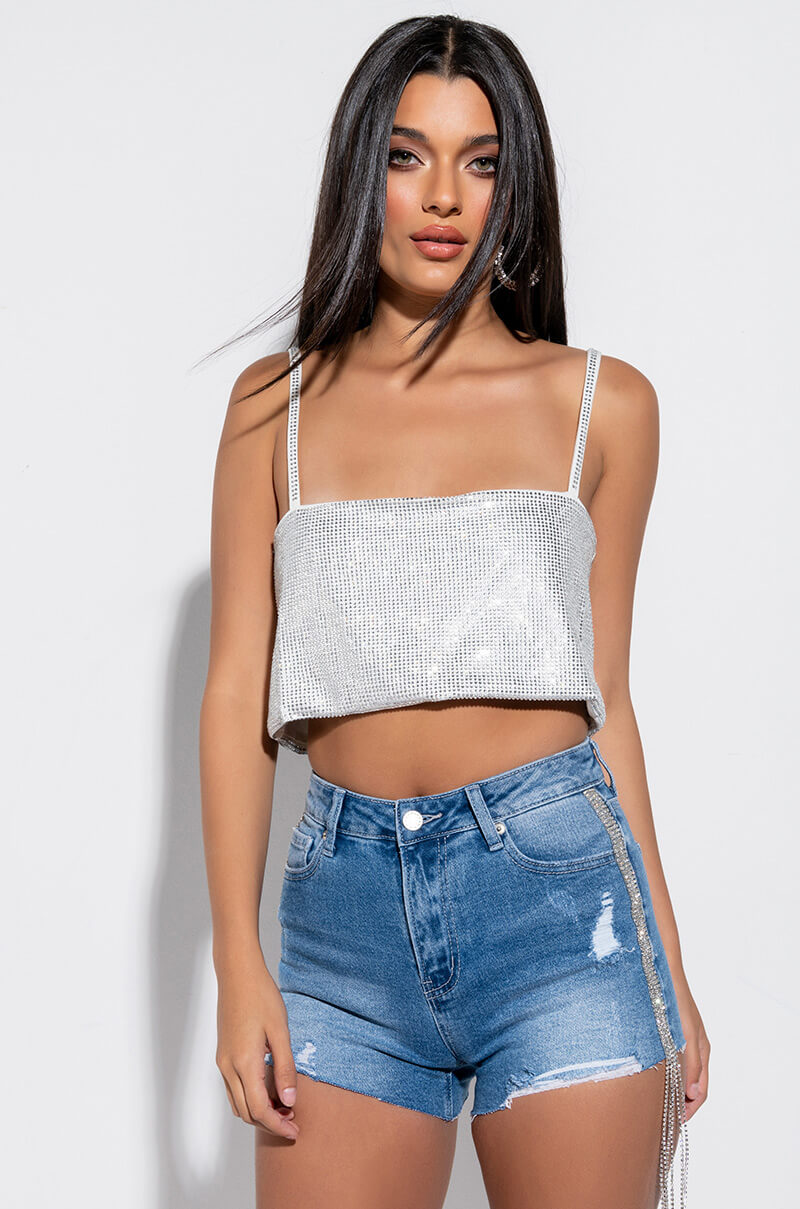 DONT STOP ME HIGH WAISTED RHINESTONES STRIPES JEANS SHORTS