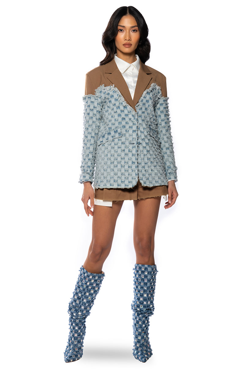 DON'T TRY ME DISTRESSED DENIM BLAZER