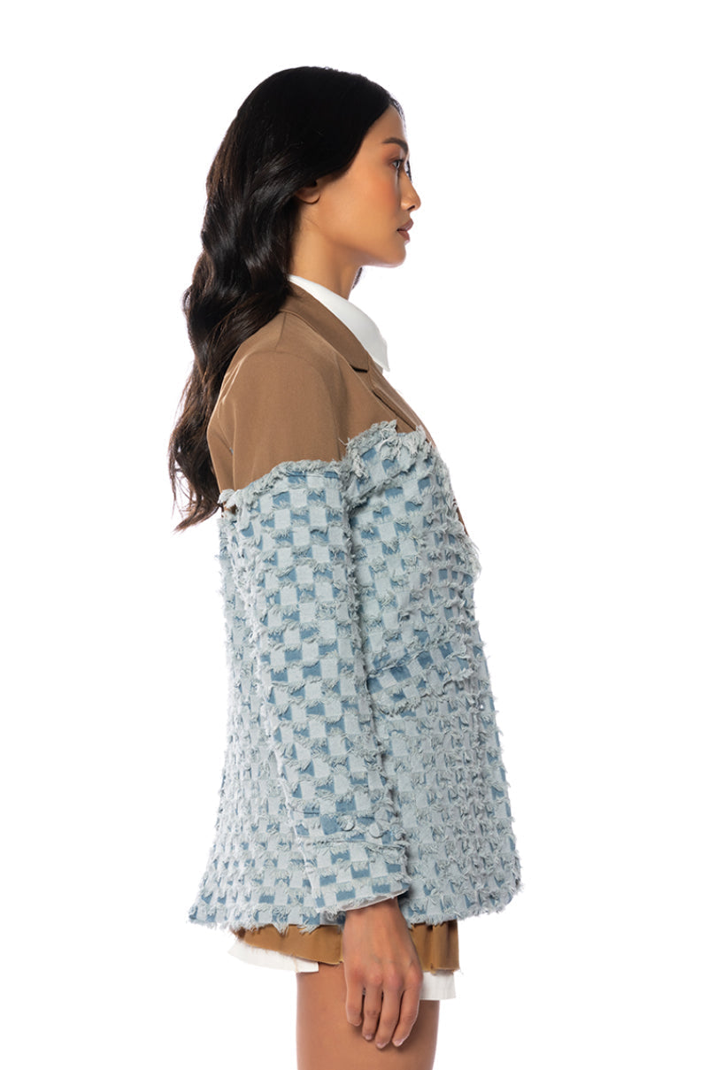 DON'T TRY ME DISTRESSED DENIM BLAZER