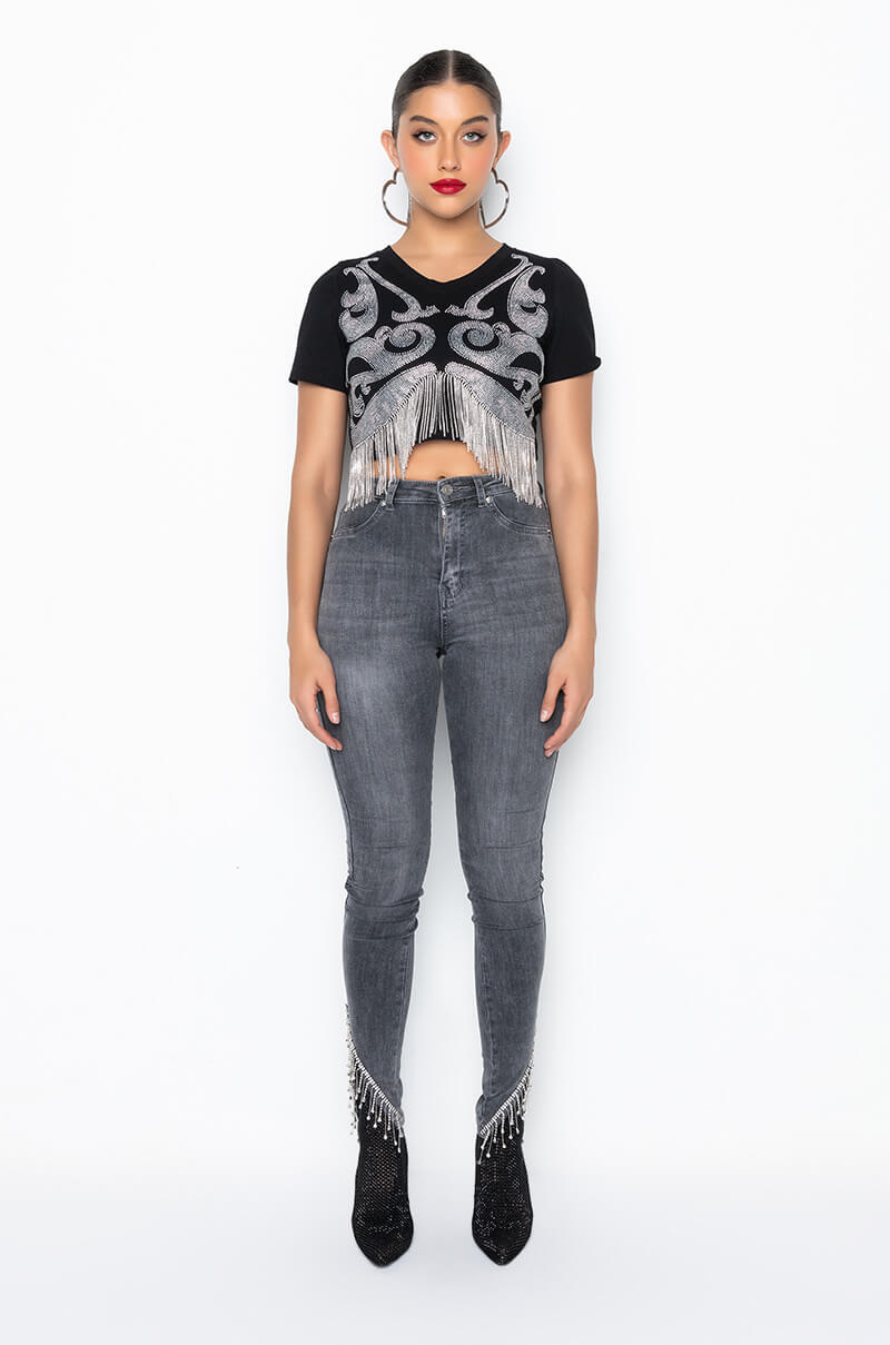 EXTREME STRETCH HIGH RISE SKINNY JEANS RHINESTONE