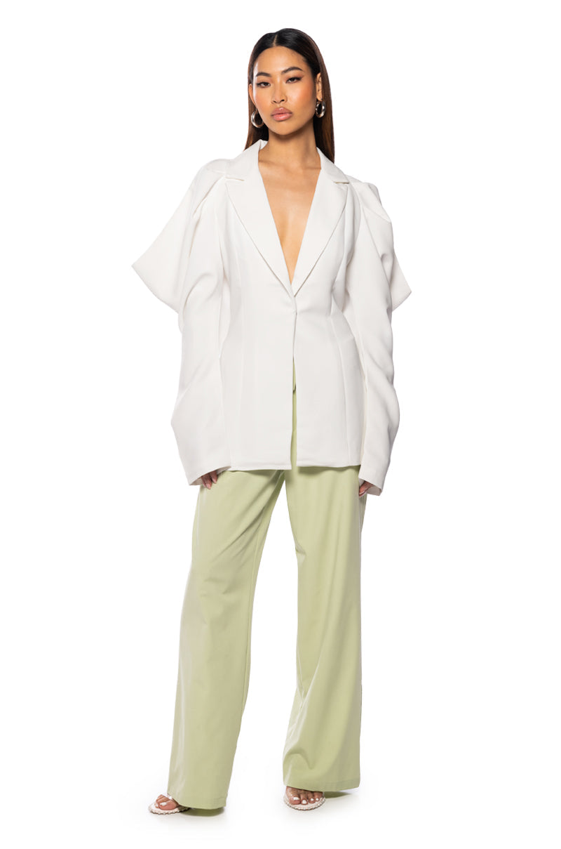 FLARE COLD SHOULDER BLAZER IN WHITE