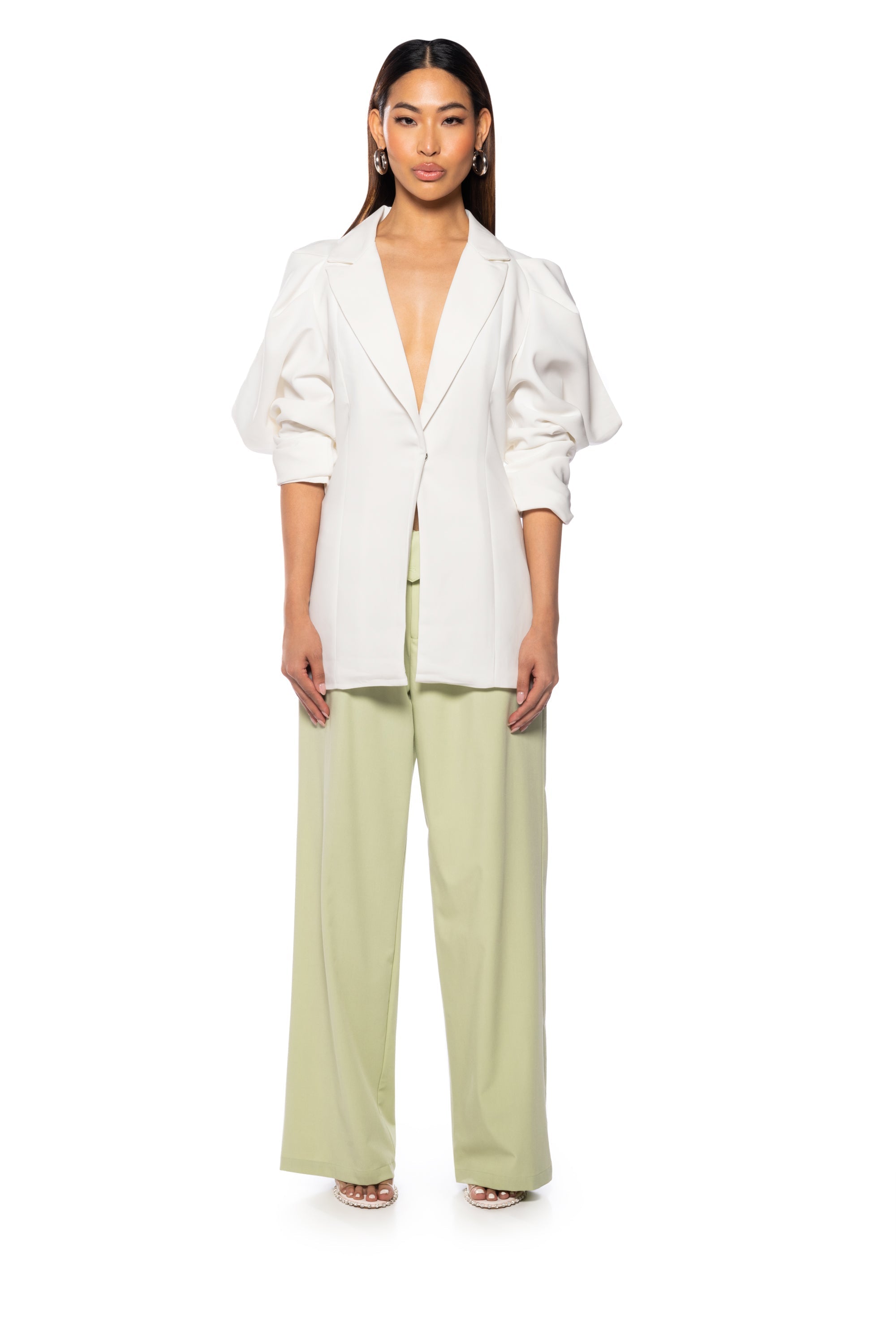 FLARE COLD SHOULDER BLAZER IN WHITE