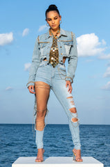 GOLD CHAIN HEM CROP DENIM JACKET