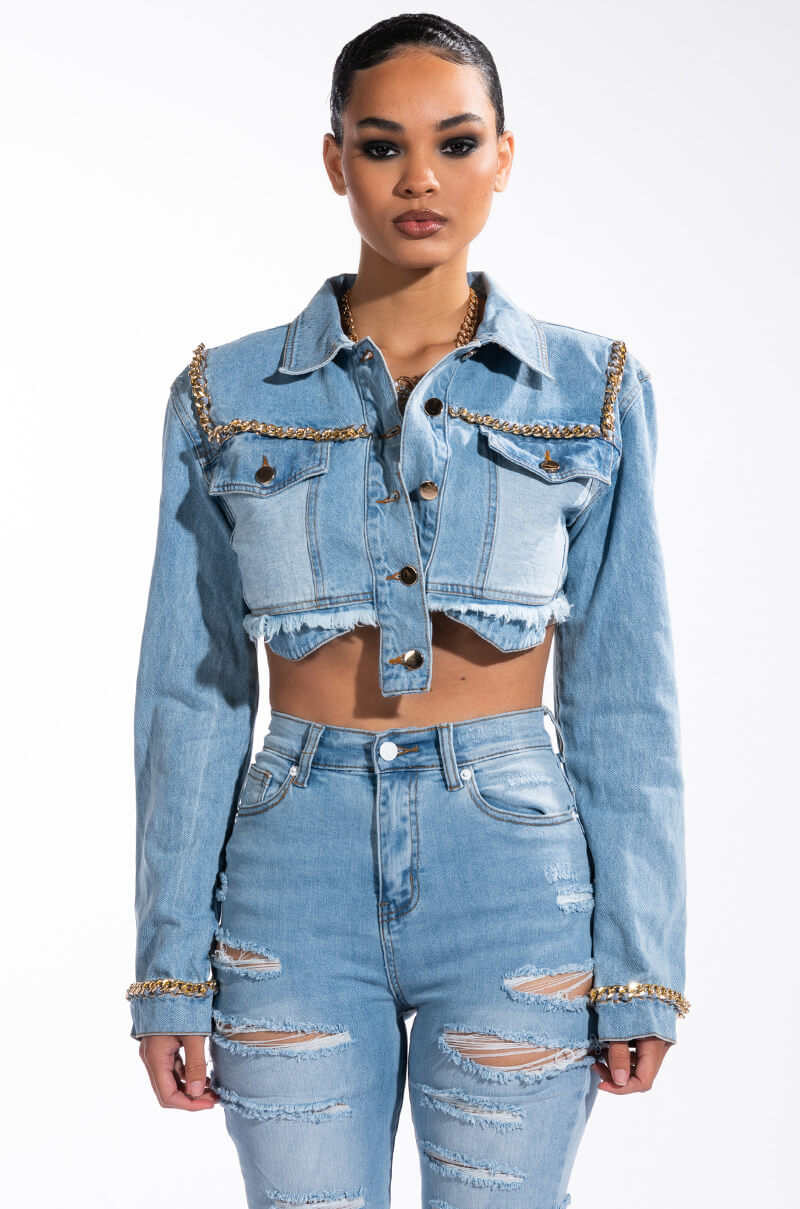 GOLD CHAIN HEM CROP DENIM JACKET