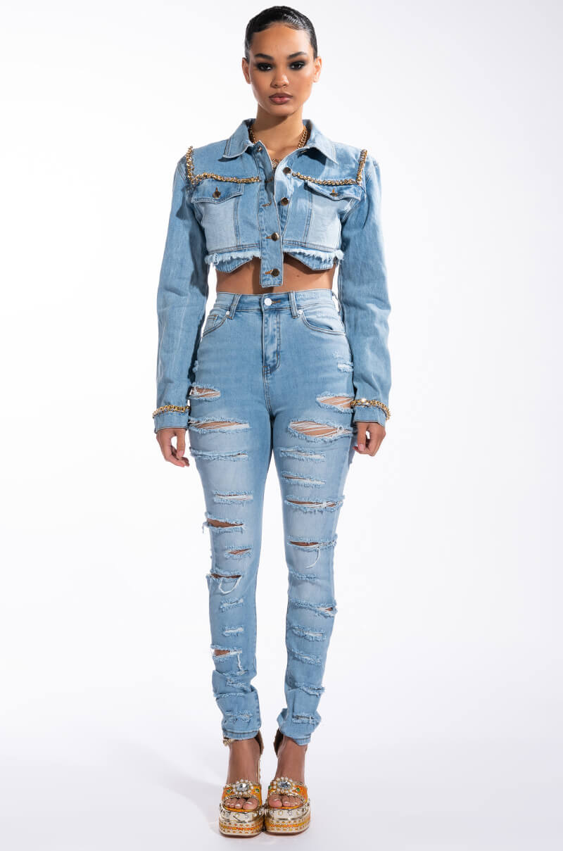 GOLD CHAIN HEM CROP DENIM JACKET