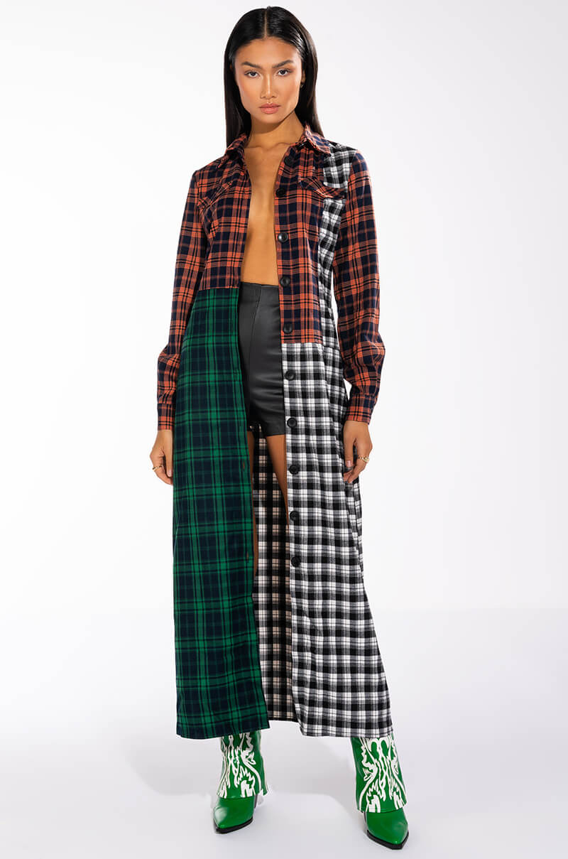 GRAND CENTRAL THIRTEEN LONG PLAID TRENCH