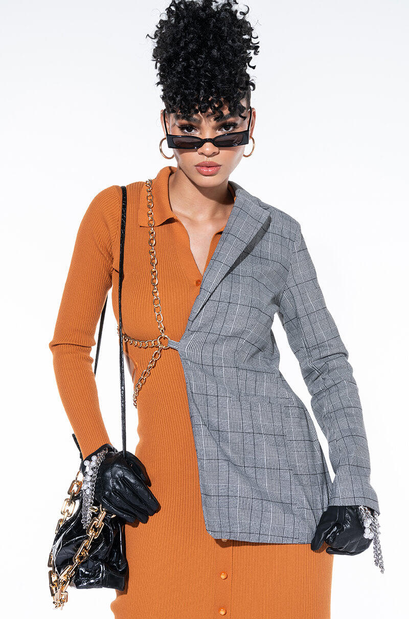 HALF AND HALF PLAID BLAZER WITH CHAIN