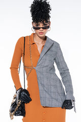 HALF AND HALF PLAID BLAZER WITH CHAIN