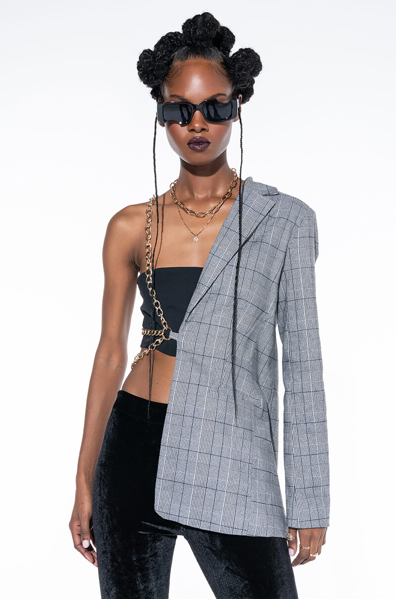 HALF AND HALF PLAID BLAZER WITH CHAIN