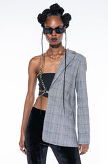 HALF AND HALF PLAID BLAZER WITH CHAIN