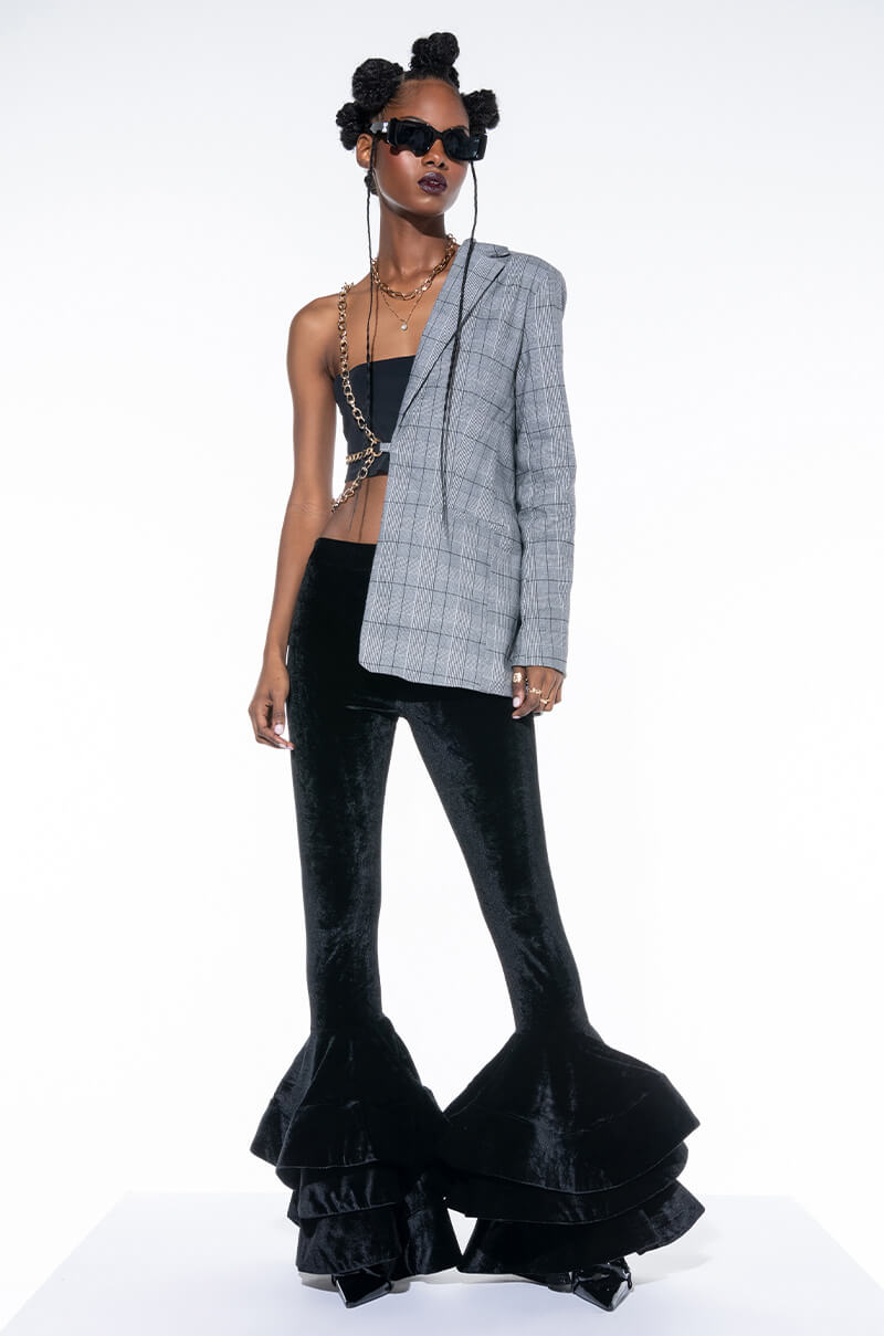 HALF AND HALF PLAID BLAZER WITH CHAIN