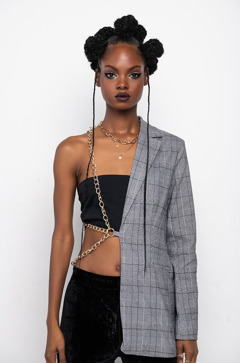 HALF AND HALF PLAID BLAZER WITH CHAIN