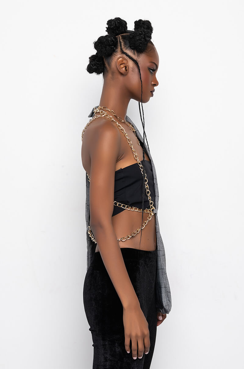 HALF AND HALF PLAID BLAZER WITH CHAIN