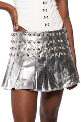 HELENA STUDDED FAUX LEATHER PLEATED SKIRT IN SILVER