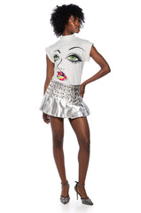 HELENA STUDDED FAUX LEATHER PLEATED SKIRT IN SILVER