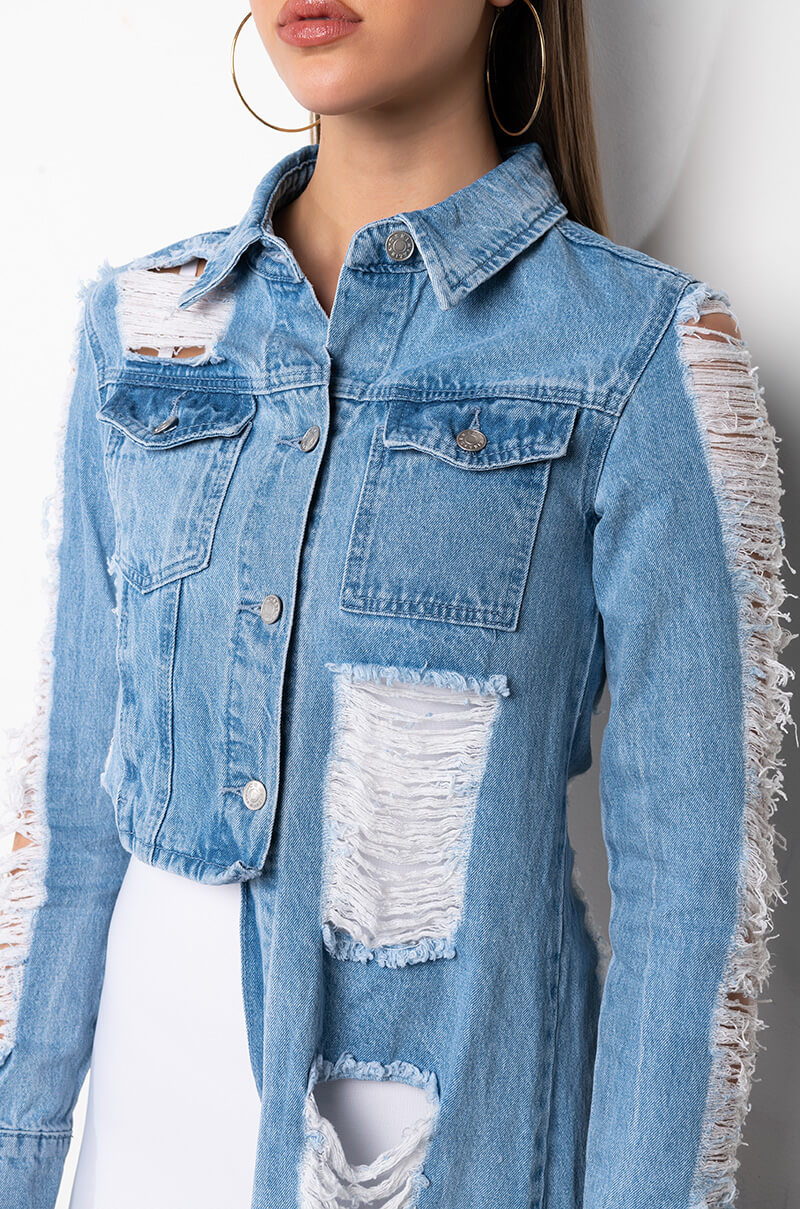 HI LO DISTRESSED DENIM JACKET