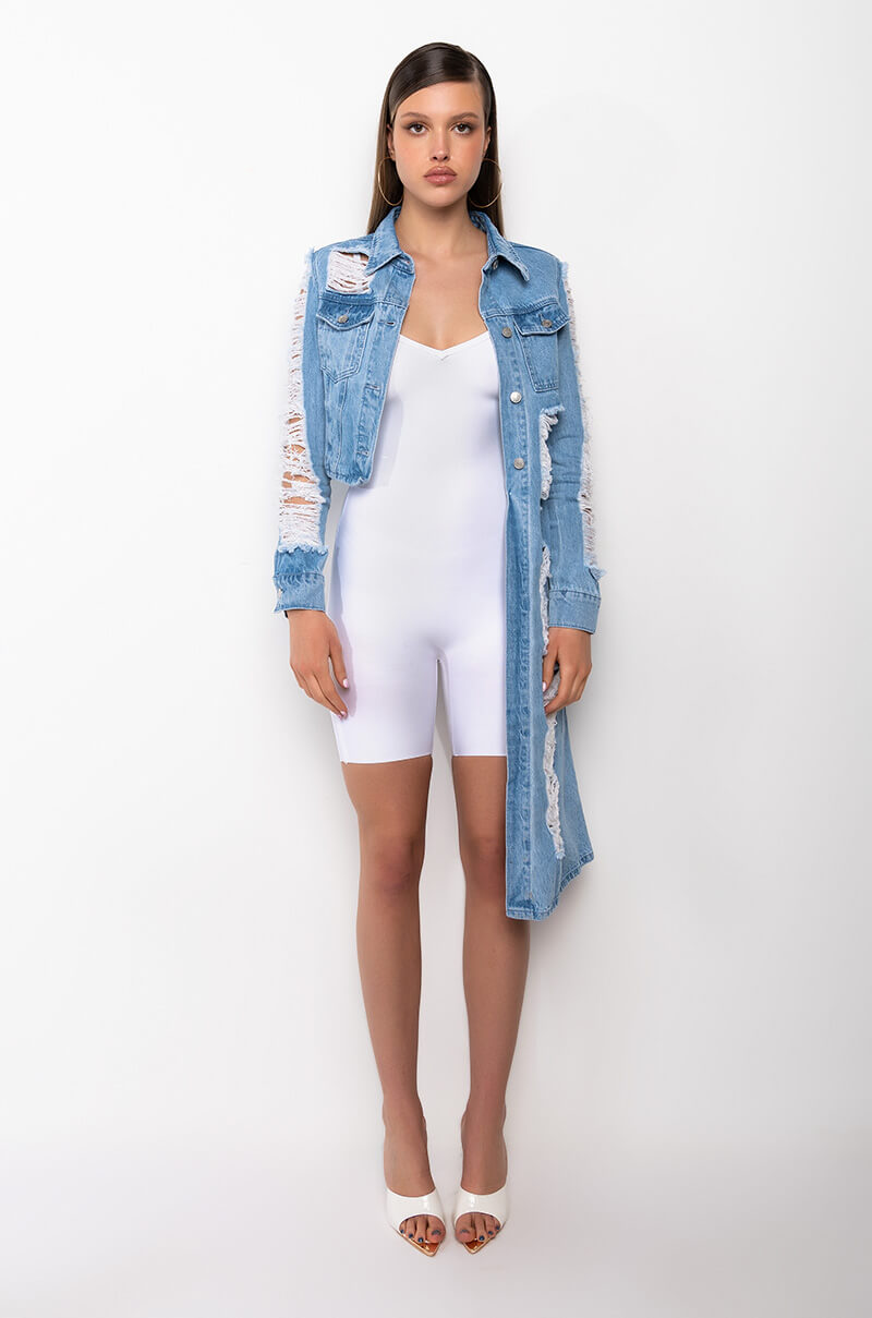 HI LO DISTRESSED DENIM JACKET