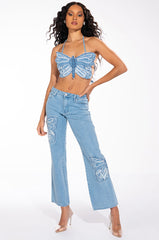 INFINITY BUTTERFLY DETAIL MID RISE WIDE LEG DENIM
