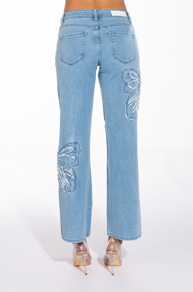 INFINITY BUTTERFLY DETAIL MID RISE WIDE LEG DENIM