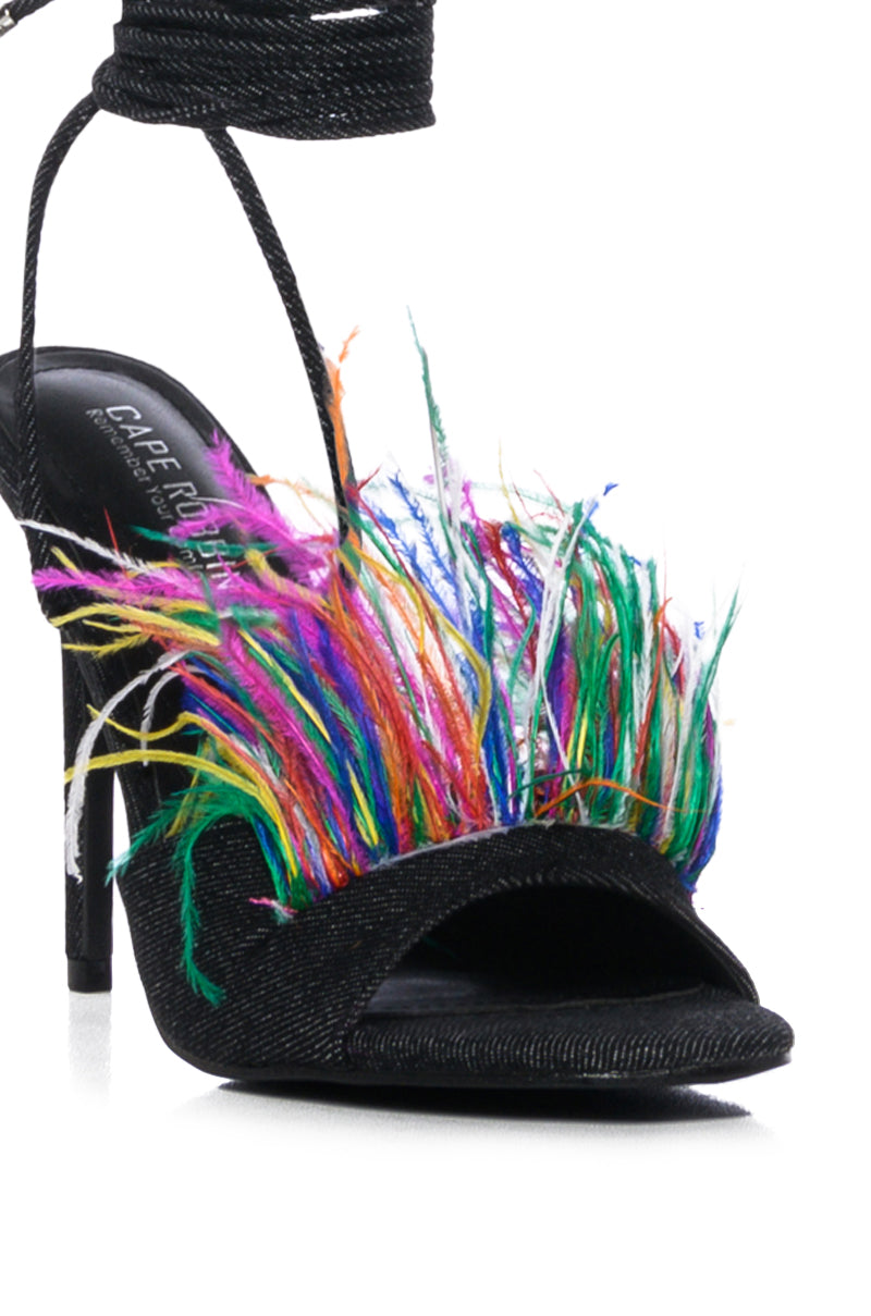 INTO YOU FEATHER DETAIL DENIM STILETTO SANDAL IN BLACK