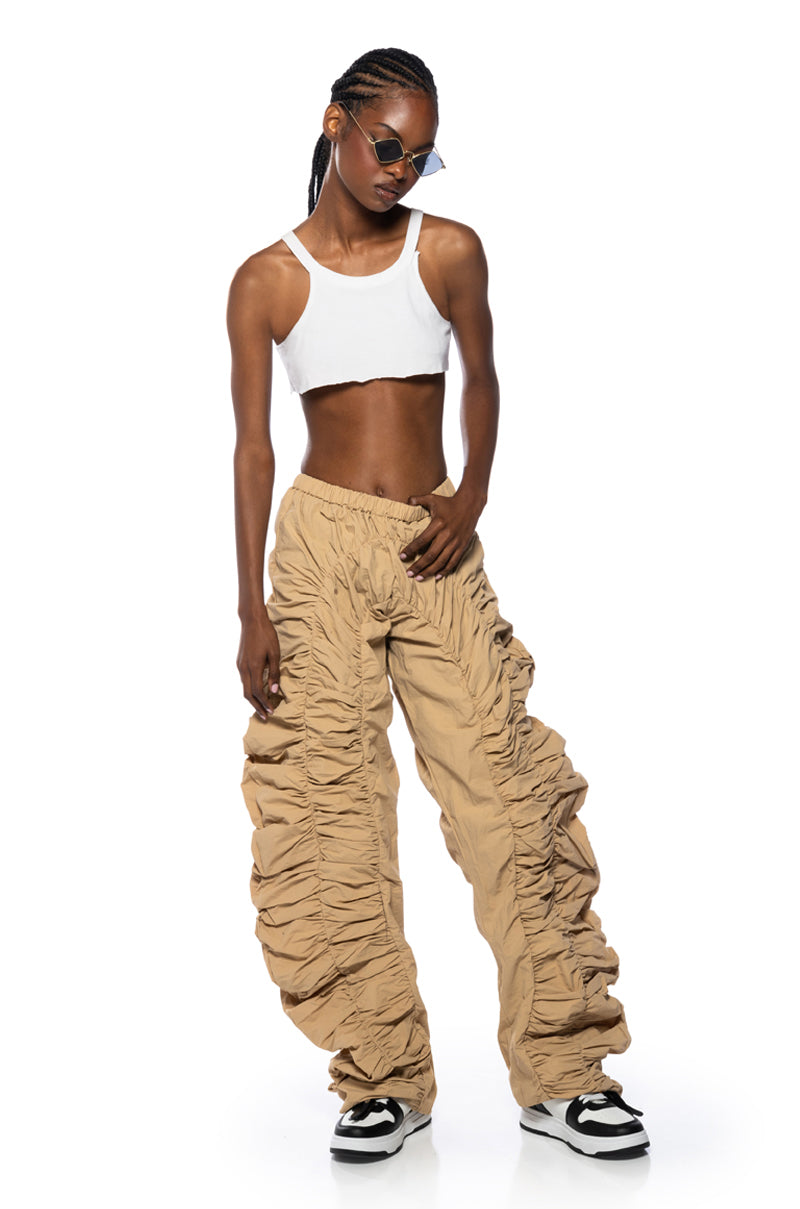 JAYCE RUCHED NYLON WIDE LEG PANT