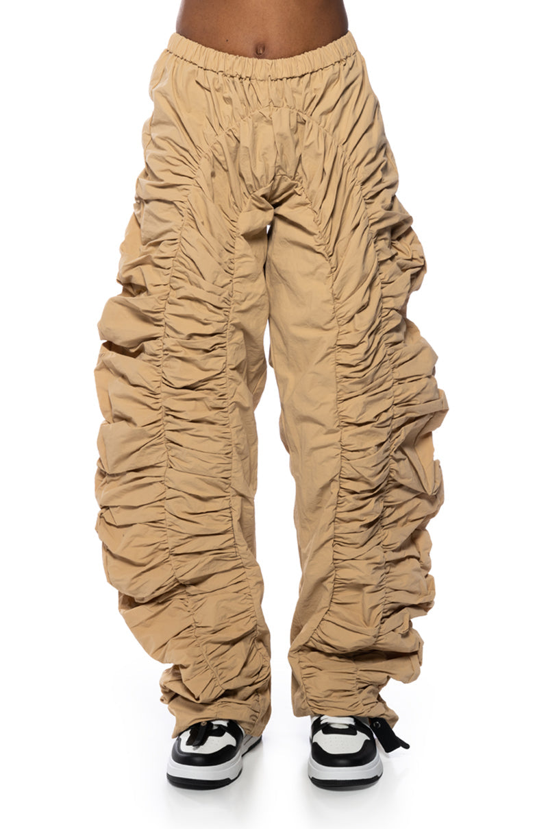 JAYCE RUCHED NYLON WIDE LEG PANT