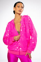 LARGE SEQUIN VARSITY BOMBER WITH RIB TRIMS