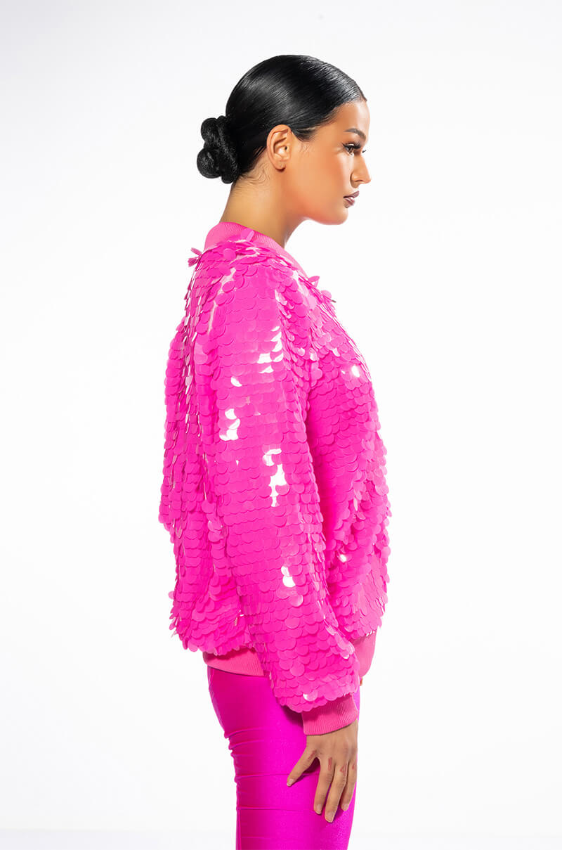 LARGE SEQUIN VARSITY BOMBER WITH RIB TRIMS