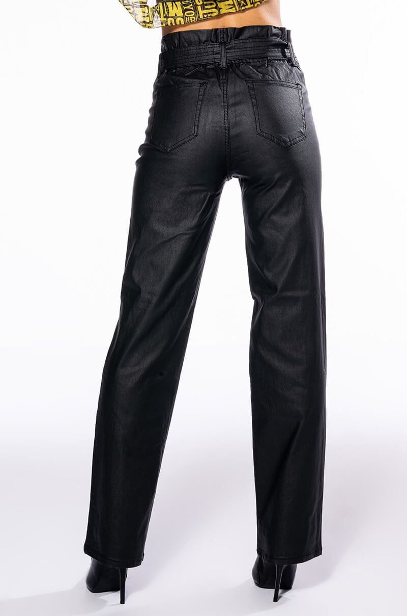 LE CHIC COATED PAPERBAG WAIST STRAIGHT LEG PANT