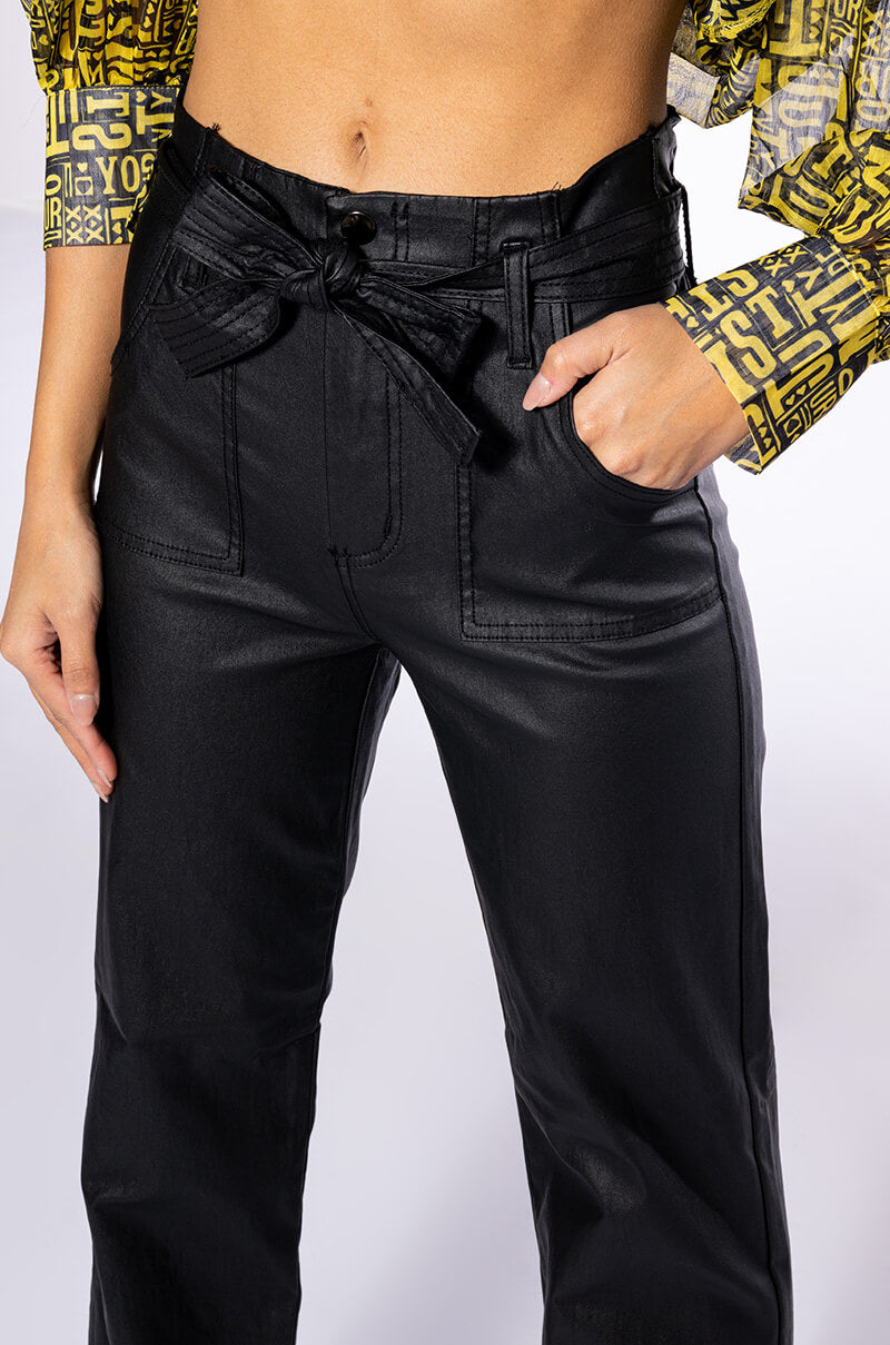 LE CHIC COATED PAPERBAG WAIST STRAIGHT LEG PANT