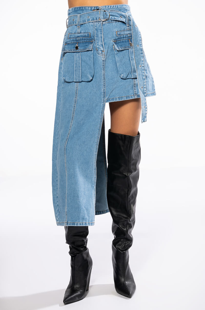 OWN VIBE ABSTRACT CUT DENIM SKIRT