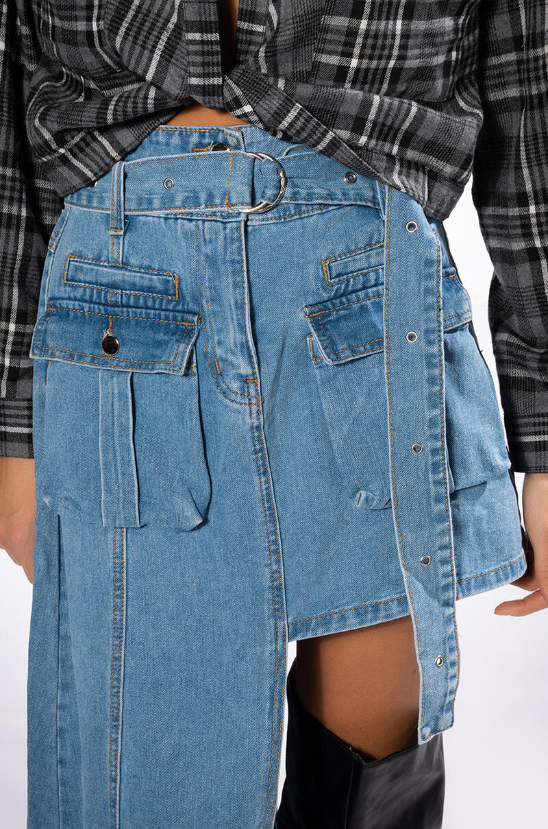 OWN VIBE ABSTRACT CUT DENIM SKIRT