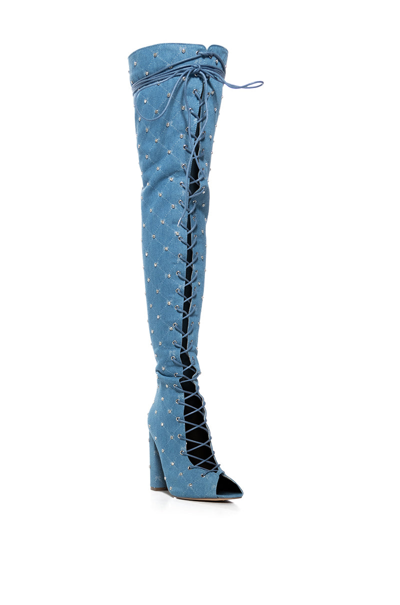 LIVING LEGEND LACE UP OPEN TOE THIGH HIGH BOOT IN DENIM