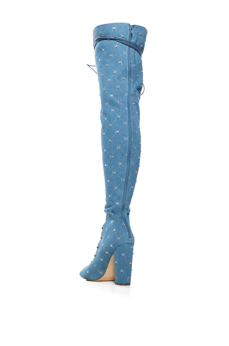 LIVING LEGEND LACE UP OPEN TOE THIGH HIGH BOOT IN DENIM